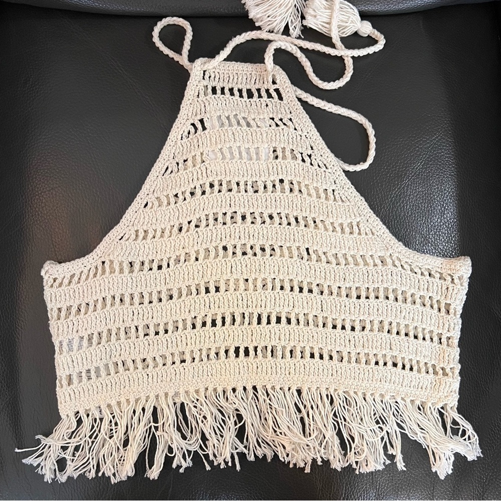 One Teaspoon Husk Bodice Crochet Halter Top Cropped with Fringe Sz S - Picture 9 of 13
